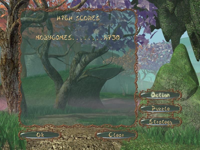 Rain Talisman (Windows) screenshot: The high scores for Action mode. I can switch to the high scores for Puzzle and Strategy mode as well.