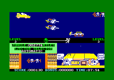 Danger Mouse in Double Trouble (Amstrad CPC) screenshot: Flying the Aerocar and shooting enemies.