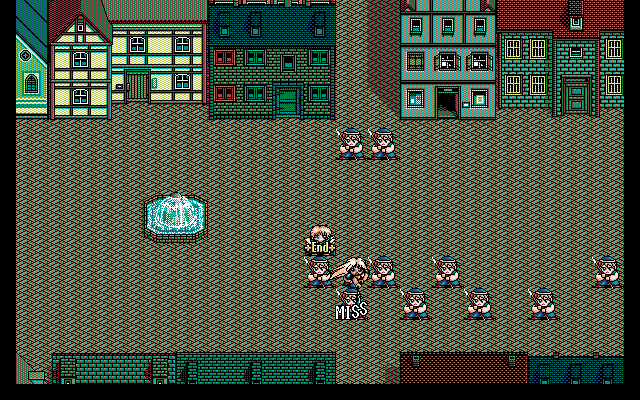 Nana Eiyū Monogatari (PC-98) screenshot: Lots of stupid guys attack our heroes on a square
