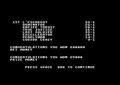 First Past the Post (Commodore 64) screenshot: The post race results screen. Moby only takes the prize money but it's not a bad start to the season