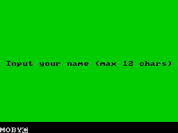 First Past the Post (ZX Spectrum) screenshot: If there is no previous game then the player is prompted to enter their name. The name entered is MOBY. The trailing 'C' is displayed by the game and is NOT part of the name