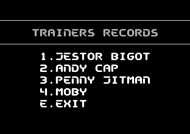 First Past the Post (Commodore 64) screenshot: These are some of the game's competing trainers