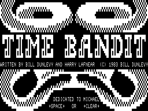 Time Bandit (TRS-80) screenshot: Title screen with voice