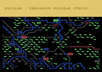 NATO Commander (Atari 8-bit) screenshot: Nighttime: French, US and British divisions try to defend the Rhineland. Lots of craters indicate heavy usage of nuclear weapons. There is still a West German division holding Passau in the southeast.