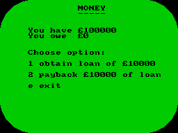First Past the Post (ZX Spectrum) screenshot: Money Matters This is the current state of Moby's finances