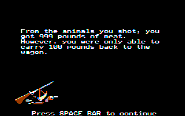 The Oregon Trail (DOS) screenshot: I've got 100 pounds of more meat now. (CGA w/Composite Monitor)