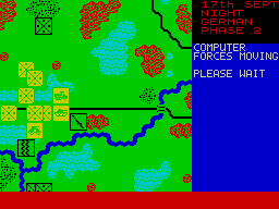 Arnhem: The 'Market Garden' Operation (ZX Spectrum) screenshot: This is a single player game so after all the Allied movements have been made the computer moves its forces. If this were a two player game this is probably where player 2 would act