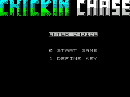 Chicken Chase (ZX Spectrum) screenshot: The game's menu. Simple but effective