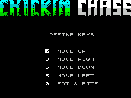 Chicken Chase (ZX Spectrum) screenshot: These are the default action keys. They can be changed. From here it's back to the main menu and then into the game