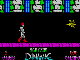 Sgrizam (ZX Spectrum) screenshot: The game begins. All sorts of things approach from the right. Contact with any one is fatal and costs a life