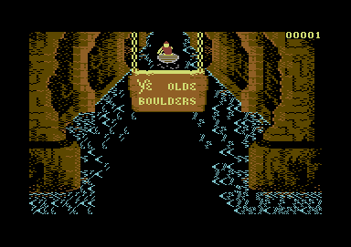 Dragon's Lair Part II: Escape from Singe's Castle (Commodore 64) screenshot: Dirk paddling down the stream