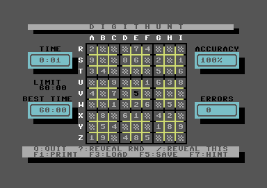 Digithunt (Commodore 64) screenshot: Skill level 5, starting a game