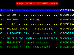 Chicken Chase (ZX Spectrum) screenshot: Three lives later and it's Game Over. The player is then shown the high score table - I didn't manage to get on it, before being taken back to the main menu