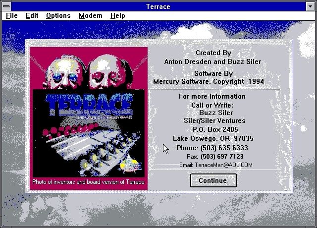 Terrace (Windows 3.x) screenshot: Title screen: 16 colours<br>The game will check the Windows environment and will run in 16 colours or 256 colours as appropriate