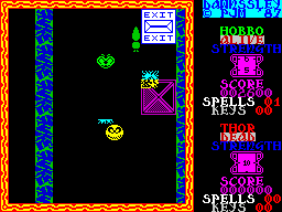 Dawnssley (ZX Spectrum) screenshot: There are more monsters but let's just get to the exit. At the end of the level there's no summary of stats such as points scored, demons killed, etc. Nor is there an apparent save point.