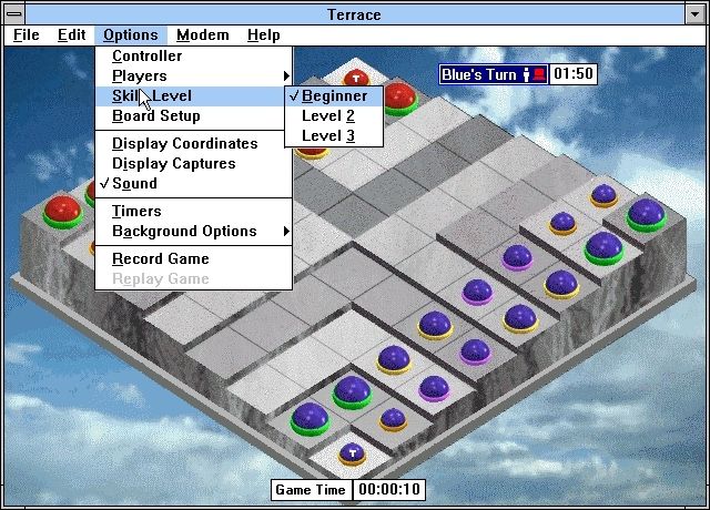 Terrace (Windows 3.x) screenshot: The long game setup showing some of the options available in the full game. The short game is not available in the shareware version. Note the menu bar has an option to play over a modem