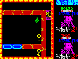 Dawnssley (ZX Spectrum) screenshot: This is the start of the second level. Hobbo's energy has not been restored, it stays at the same number as at the last level