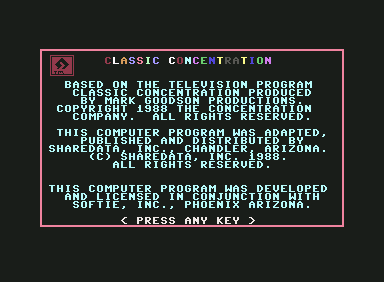 Classic Concentration (Commodore 64) screenshot: Copyright info screen