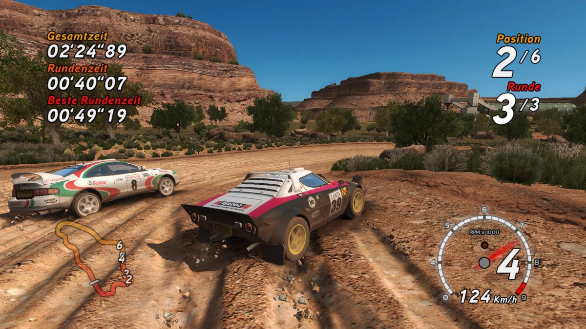 SEGA Rally Revo (Windows) screenshot: Racing a Lancia Stratos - note the tracks in the gravel/sand