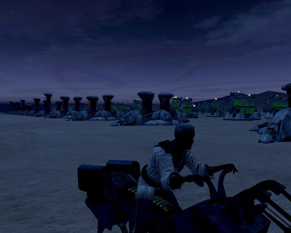 Star Wars: Galaxies - An Empire Divided (Windows) screenshot: Massive mining/harvesting operation on the flats of Tatooine, all player owned and operated. These kinds (and size) of farms were actually required to keep up with player resource demands.
