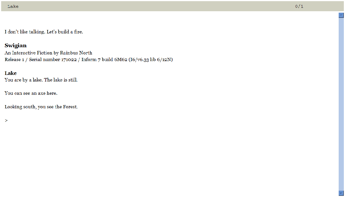 Swigian (Glulx) screenshot: Beginning.