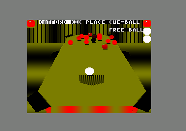 Sharkey's 3D Pool (Amstrad CPC) screenshot: Because Fast Freddy scratched, the Catford Kid gets a free ball.