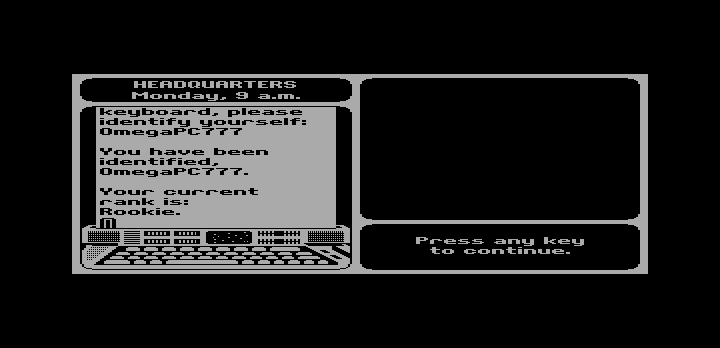 Where in the World Is Carmen Sandiego? (DOS) screenshot: The log on screen (Hercules Monochrome)