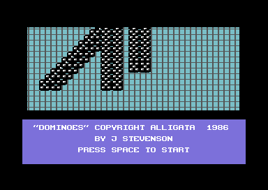Pub Games (Commodore 64) screenshot: Title screen for dominoes. The dominoes will spell Aligata.
