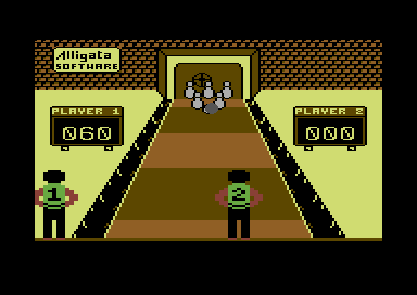 Pub Games (Commodore 64) screenshot: I've thrown the ball and it is hitting pins.