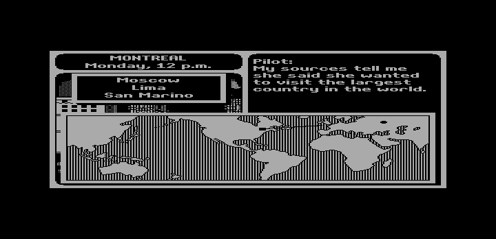 Where in the World Is Carmen Sandiego? (DOS) screenshot: Flying to my next destination. (Hercules Monochrome)