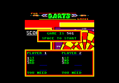 Pub Games (Amstrad CPC) screenshot: Starting darts. The game is 501.