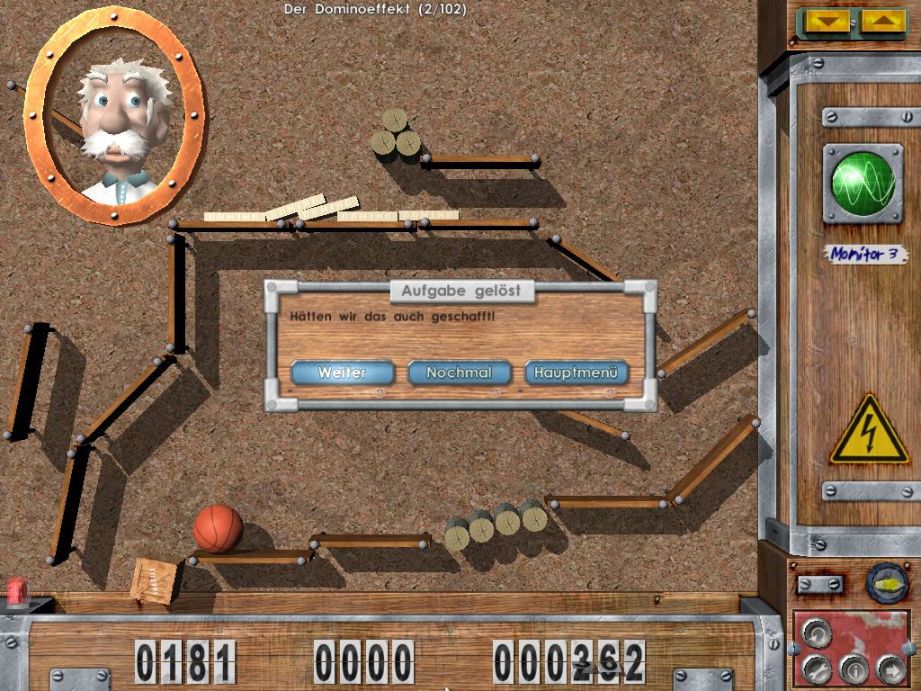 Crazy Machines: The Inventor's Workshop (Windows) screenshot: The professor likes to add some words of your failed or suceeded tasks