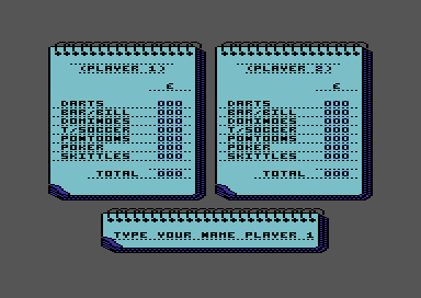 Pub Games (Commodore 64) screenshot: Enter your names to play all events.