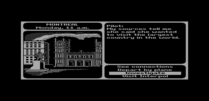 Where in the World Is Carmen Sandiego? (DOS) screenshot: I'm getting a clue about where this suspect is. (Hercules Monochrome)