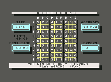 Digithunt (Commodore 64) screenshot: Play again?