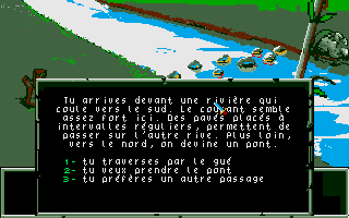 Le Labyrinthe d'Errare (Atari ST) screenshot: The rivercross represents the middle of the game. You can choose between different risky ways, here a paving path.