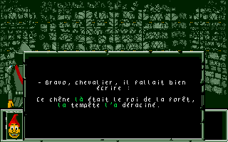 Le Labyrinthe d'Errare (Atari ST) screenshot: Tests are always questions about French grammar. A smiley face rewards a good answer.