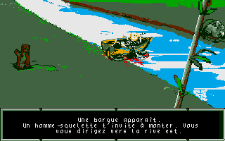 Le Labyrinthe d'Errare (Atari ST) screenshot: The rivercross represents the middle of the game. You can choose between different risky ways, here a skeleton ferryman.