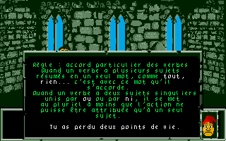 Le Labyrinthe d'Errare (Atari ST) screenshot: Complete grammar rules in case of an error.