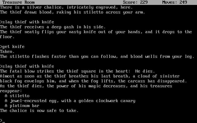 Zork: The Great Underground Empire (DOS) screenshot: The Thief is a tough opponent but definitely not unbeatable.