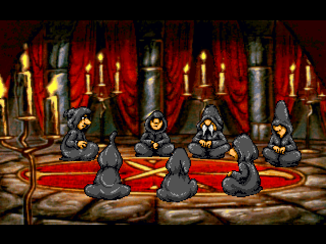 Discworld (PlayStation) screenshot: Some dragon summoning hooded figures (Intro sequence)