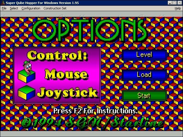 Super Qube Hopper (Windows 3.x) screenshot: The title screen and game menu. The highest score scrolls right to left across the bottom half of the screen