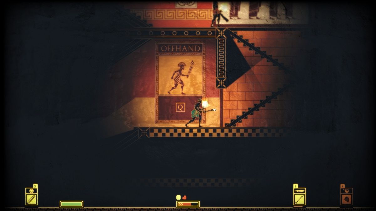 Apotheon (Windows) screenshot: You need torch to be able to explore dark areas