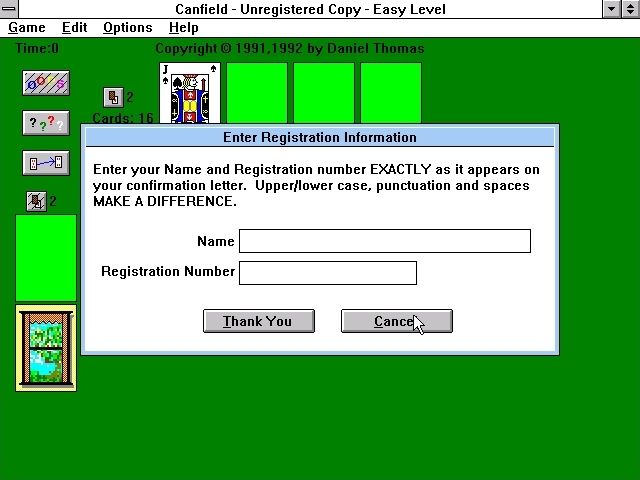 Canfield (Windows 3.x) screenshot: Registering the software earned a product key that turned off the shareware notices.