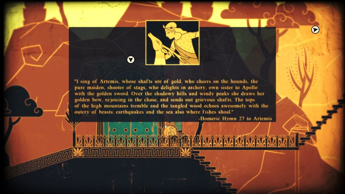 Apotheon (Windows) screenshot: Throughout the game there are passage of ancient Greek literature which give the mythological background of the various characters