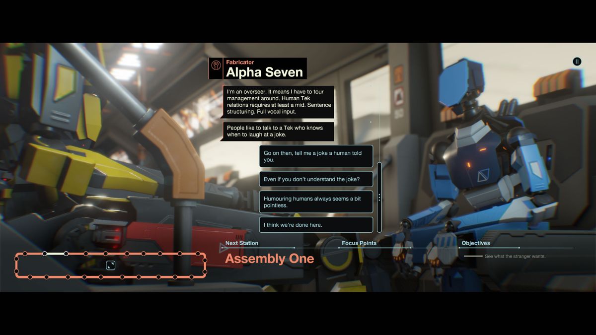 Subsurface Circular (Windows) screenshot: A conversation in progress, there are no four options to choose from.