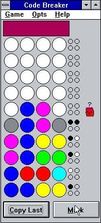 Code Breaker (Windows 3.x) screenshot: By clicking on a cell repeatedly the player can cycle through the colours. In this game white is counted as a colour