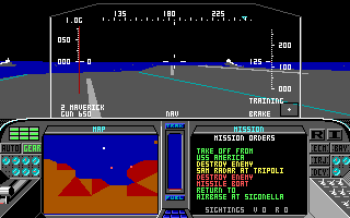 F-19 Stealth Fighter (DOS) screenshot: Ready for launch from Carrier (EGA/Tandy 16 colors)