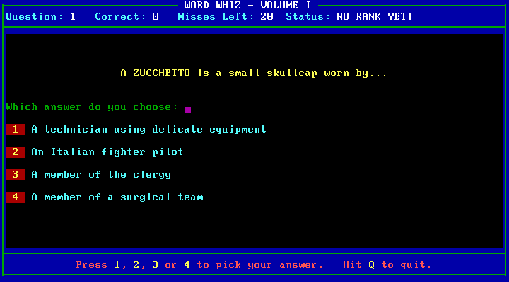 Word Whiz (DOS) screenshot: What is a zucchetto?