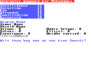 Dunjonquest: Upper Reaches of Apshai (Commodore 64) screenshot: The created character